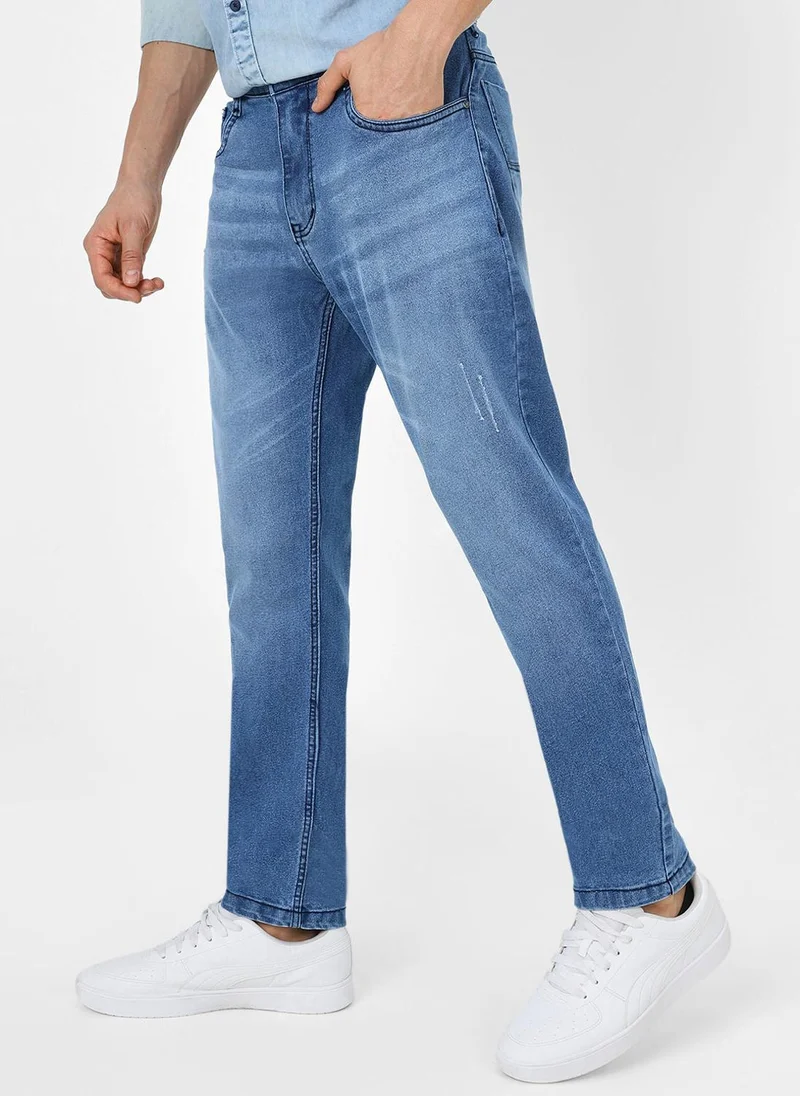 Urbano Fashion Urbano Fashion Men's Light Blue Slim Fit Mild Distressed/Torn Jeans Stretchable